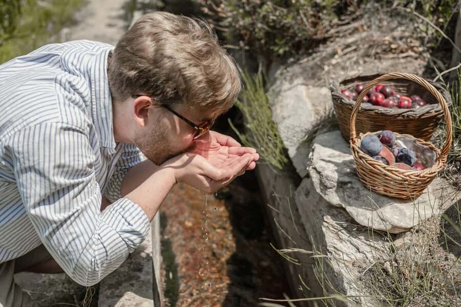 Naxos: Family Farm-table Cooking, Kouros Tour & Live Music - Picking produce beside ancient springs